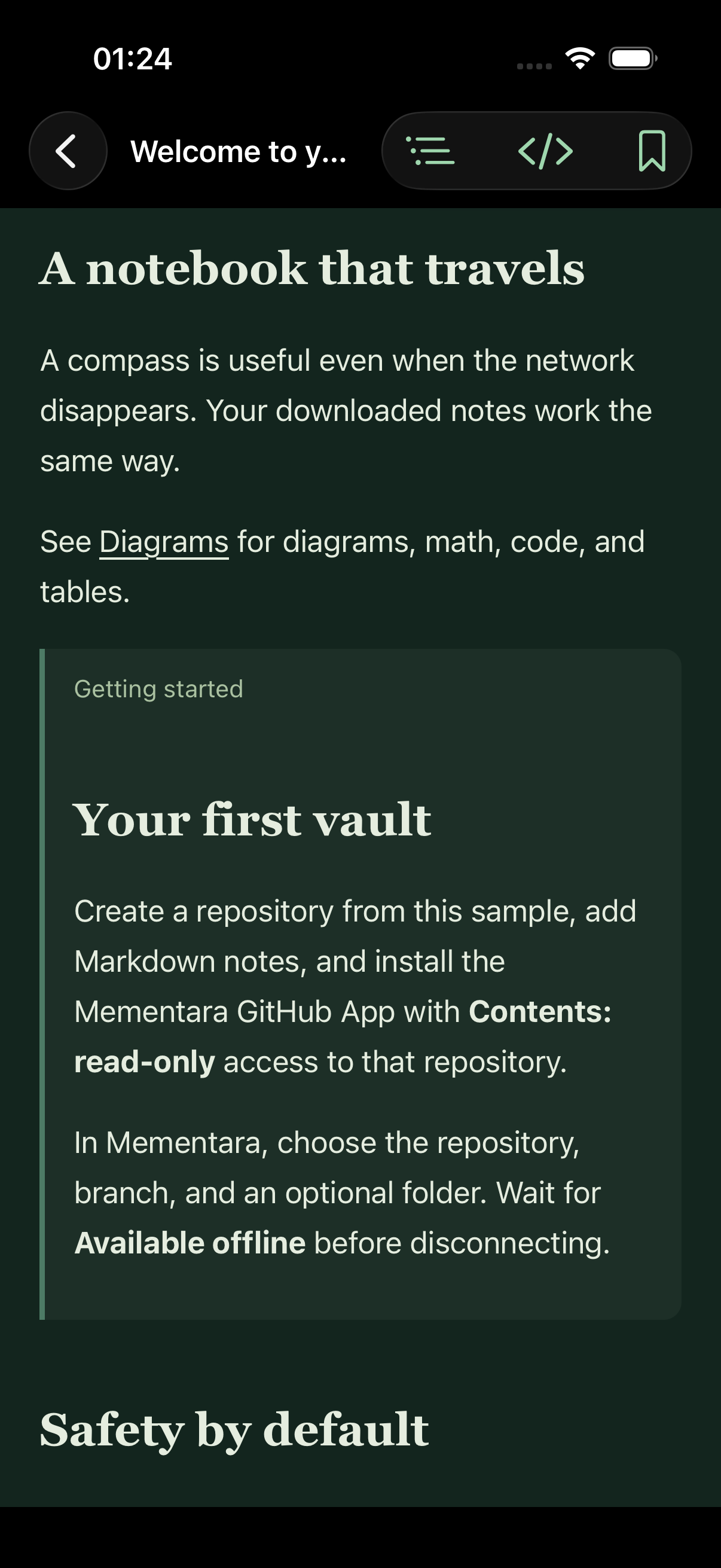 Actual Mementara iPhone reader in dark mode, showing the sample note ‘A notebook that travels’ and an embedded getting-started guide.