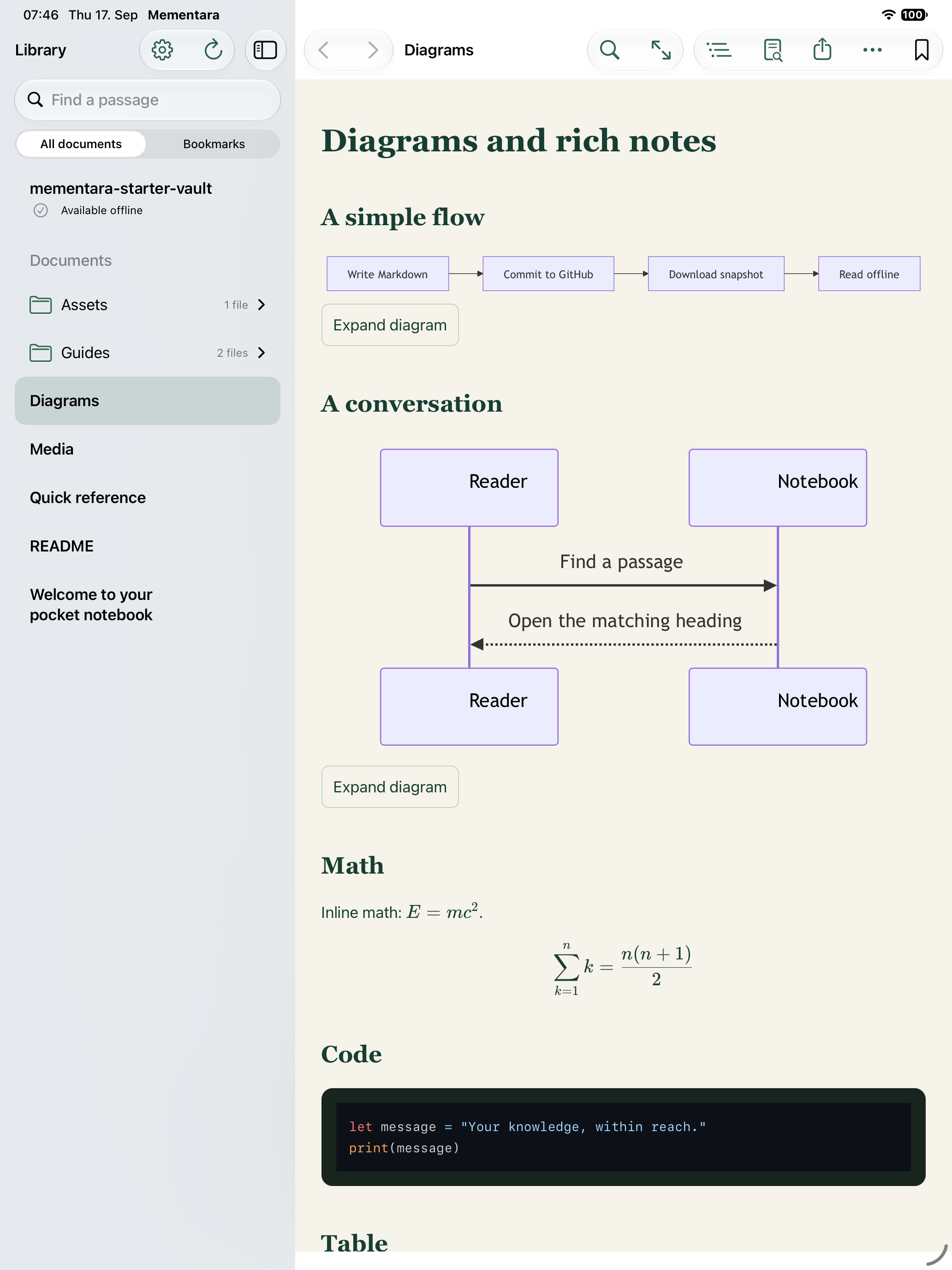 Mementara 1.0 on iPad with the library beside rendered Mermaid diagrams, math, and code.