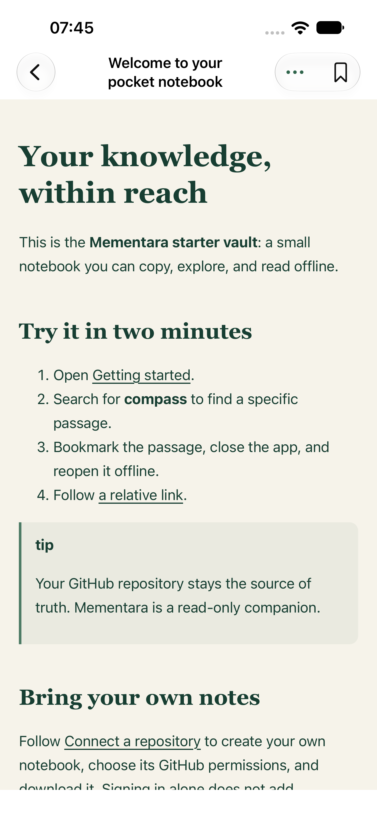 Mementara 1.0 en iPhone con la nota de bienvenida en inglés y enlaces a las guías.